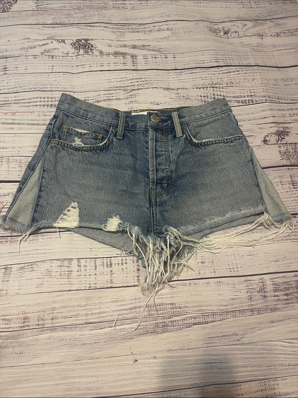 CURRENT/ELLIOTT High Waisted Light Blue Distressed Denim Shorts